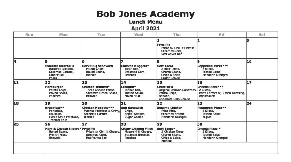 Lunch Menu Bob Jones Academy